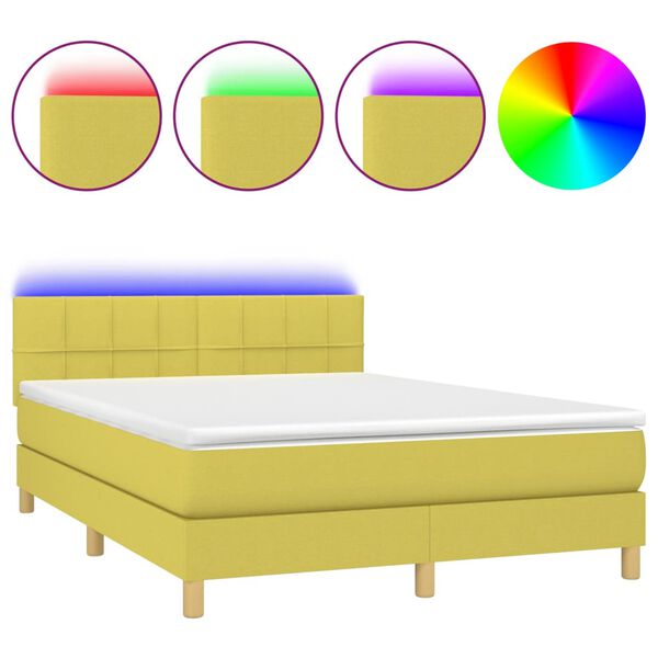 vidaXL Pat cu arcuri, saltea și LED, verde, 140x200 cm, textil