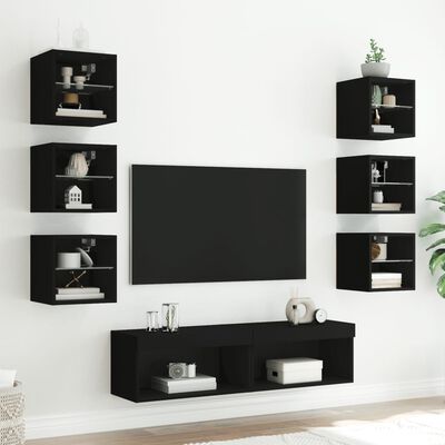 vidaXL Unități de perete TV cu LED-uri, 8 piese, negru, lemn prelucrat