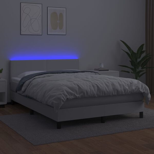vidaXL Pat cu arcuri, cu saltea & LED, alb, 140x190 cm, piele eco