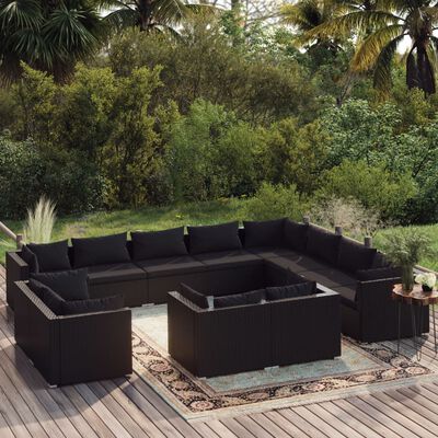 vidaXL Set mobilier de grădină cu perne, 12 piese, negru, poliratan