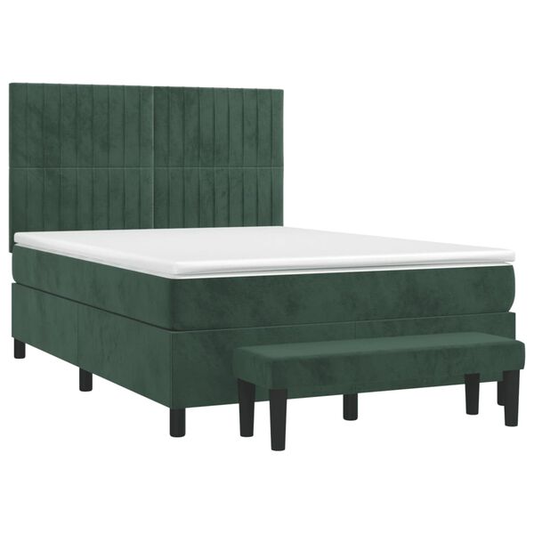 vidaXL Pat box spring cu saltea, verde &icirc;nchis, 140x190 cm, catifea