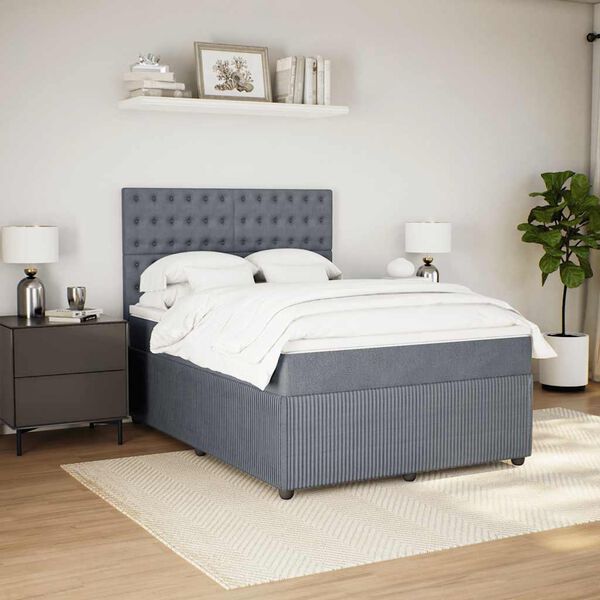 vidaXL Pat box spring cu saltea, gri &icirc;nchis, 140x200 cm, catifea