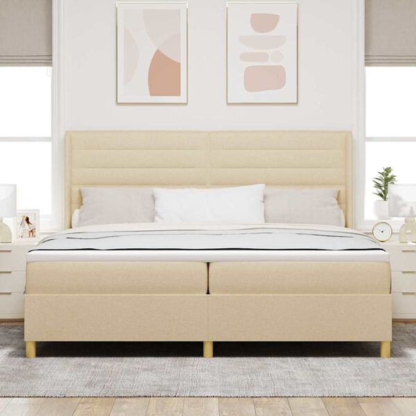 vidaXL Pat cu arcuri cu saltea cu headboard Crem 200 x 200 cm țesătură