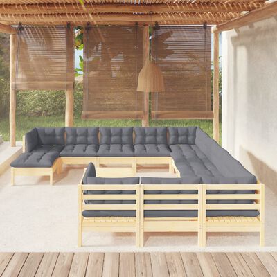 vidaXL Set mobilier de grădină cu perne, 13 piese, gri, lemn de pin
