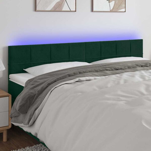 vidaXL Tăblie de pat cu LED, verde &icirc;nchis, 180x5x78/88 cm, catifea