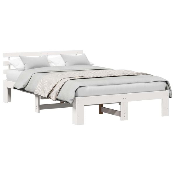 vidaXL Cadru de pat cu headboard Alb 135 x 190 cm Lemn de pin masiv