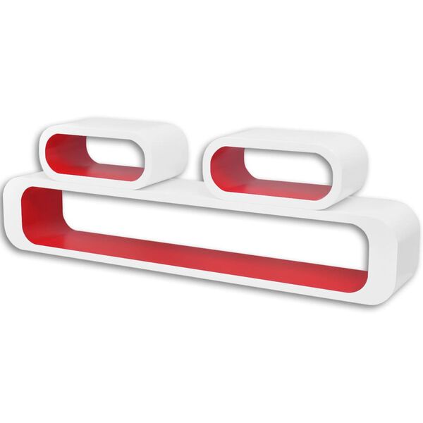 Raft perete suspendat MDF 3 buc alb-roșu, cuburi depozitare cărți/DVD