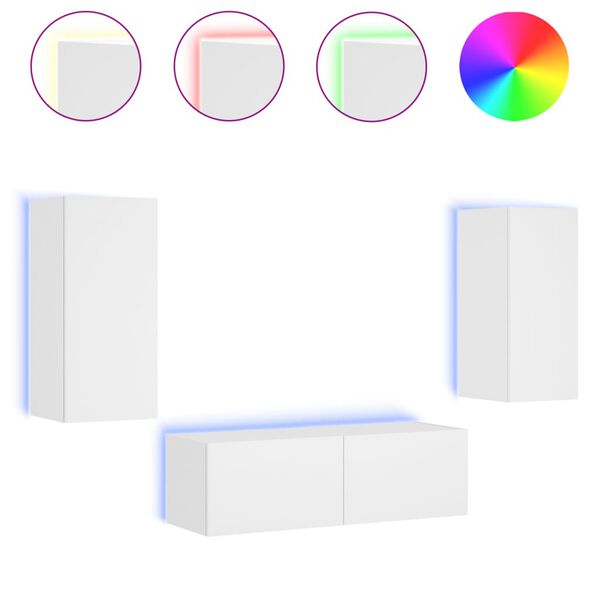 vidaXL Comode TV de perete cu lumini LED, 3 piese, alb