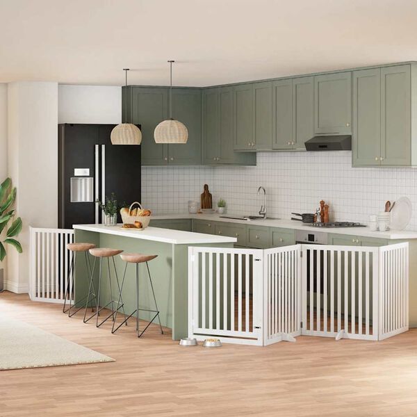 vidaXL Poartă c&acirc;ini pliabilă cu ușă, 6 panouri, alb, 480 cm, lemn plop