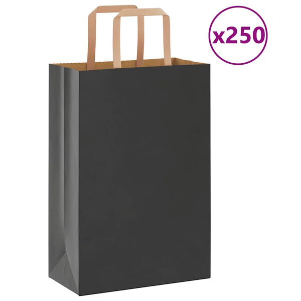 vidaXL Pungi de h&acirc;rtie 250 buc cu m&acirc;nere negre 21x11x31 cm