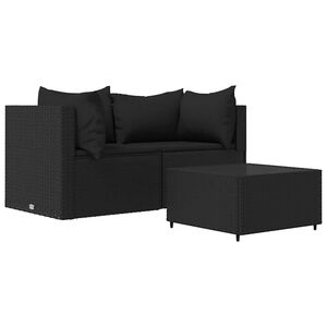 vidaXL Set mobilier de grădină cu perne, 3 piese, negru, poliratan