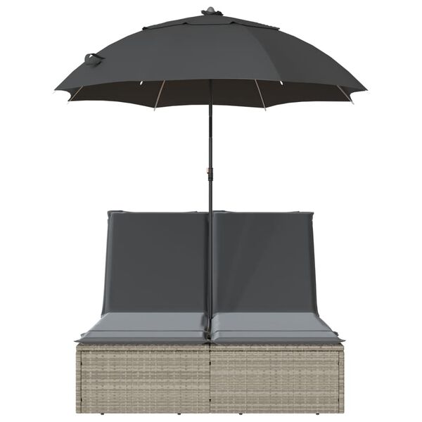 vidaXL Șezlong dublu cu perne/umbrelă de soare, gri deschis, poliratan