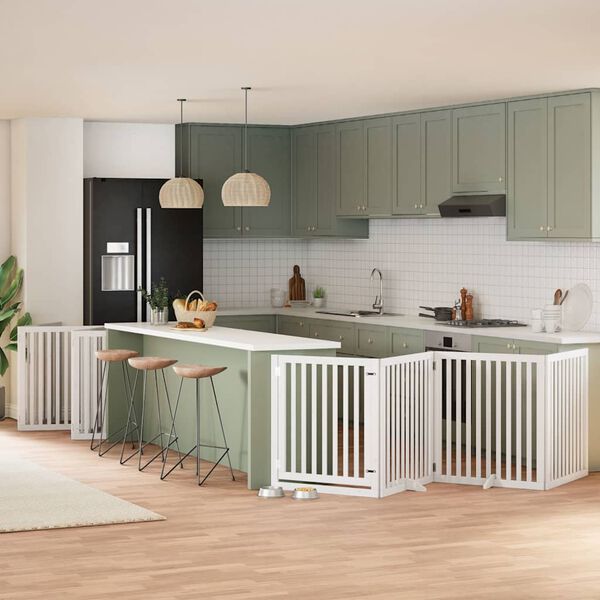 vidaXL Poartă c&acirc;ini pliabilă cu ușă 10 panouri, alb, 800 cm, lemn plop