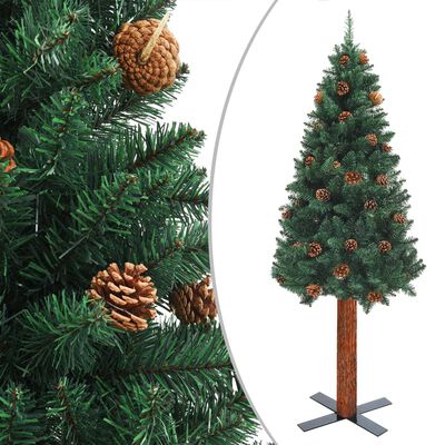 vidaXL Brad de Crăciun pre-iluminat slim, lemn&conuri, verde, 180 cm