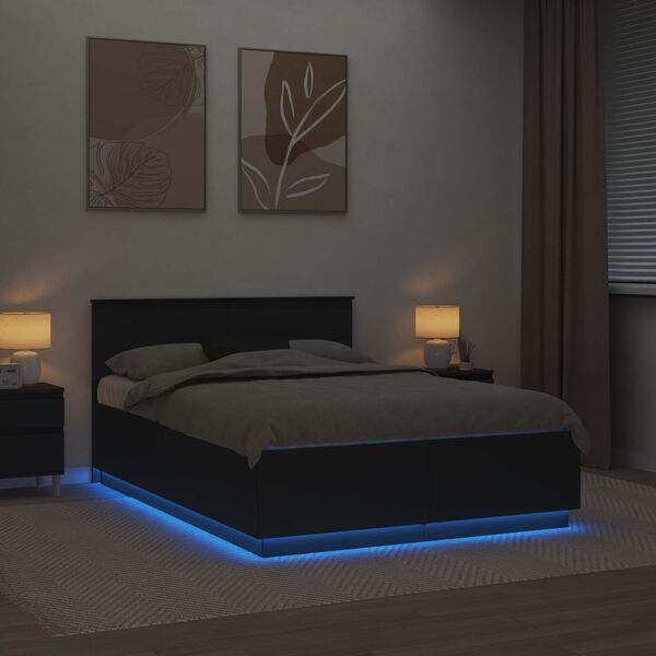 vidaXL Cadru de pat cu benzi LED Negru 150 x 200 cm Lemn compozit