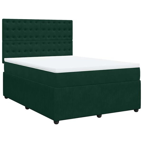 vidaXL Pat box spring cu saltea, verde &icirc;nchis, 140x190 cm, catifea
