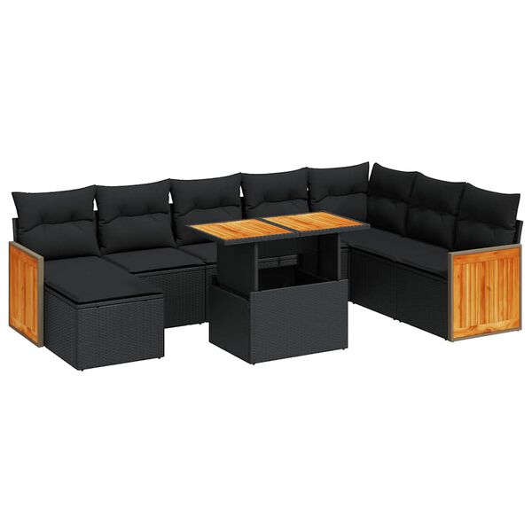vidaXL Set mobilier grădină perne 9 piese negru poliratan/lemn acacia