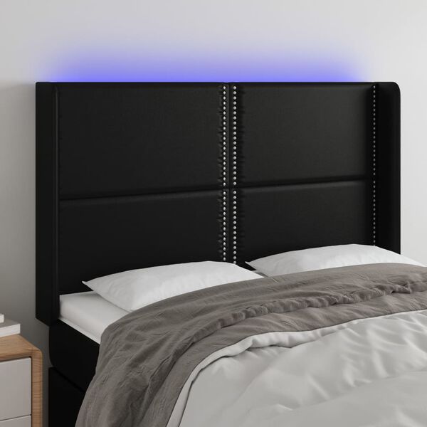 vidaXL Tăblie de pat cu LED, negru, 147x16x118/128 cm, piele ecologică