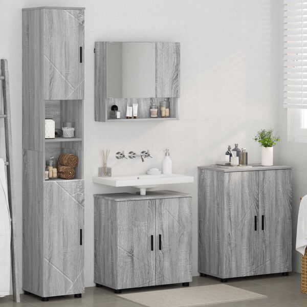 vidaXL Set de mobilier pentru baie Pe perete cu ușă 4 pcs Gri Sonoma