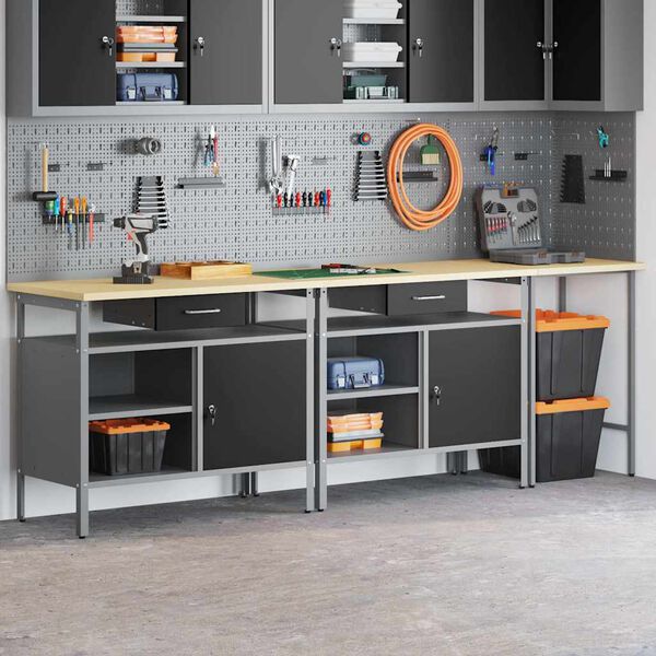 vidaXL Set banc de lucru cu sertar 3 pcs Roșu 255 x 55 x 85 cm Oțel