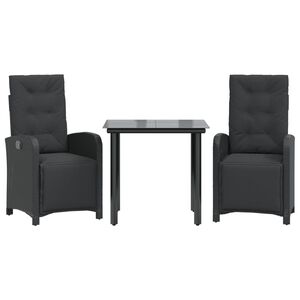 vidaXL Set bistro cu perne, 3 piese, negru, poliratan