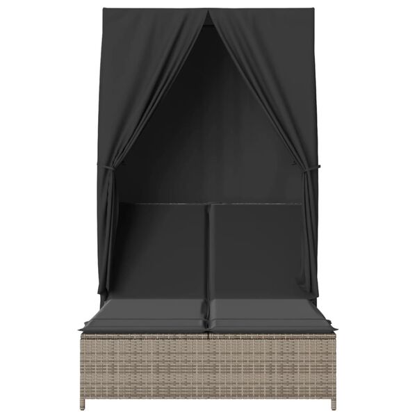 vidaXL Șezlong de plajă dublu cu acoperiș și perdele, gri, poliratan