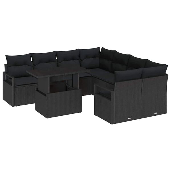 vidaXL Set de canapele pentru grădină cu pernă 9 pcs Negru Rattan poli