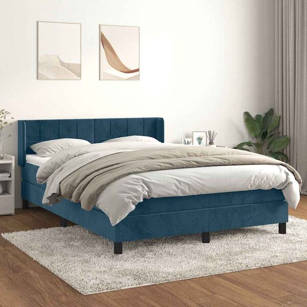vidaXL Pat box spring cu saltea, albastru &icirc;nchis, 140x200 cm, catifea