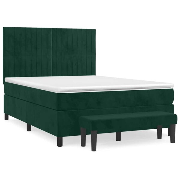 vidaXL Pat box spring cu saltea, verde &icirc;nchis, 140x190 cm, catifea