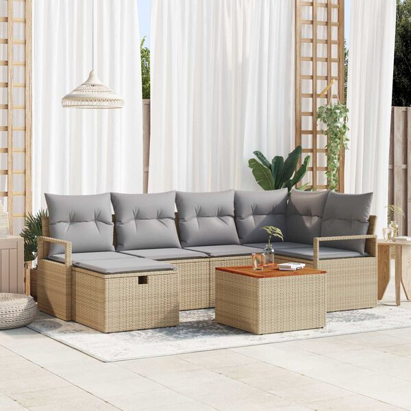 vidaXL Set de canapele pentru grădină cu pernă 7 pcs Bej Rattan poli