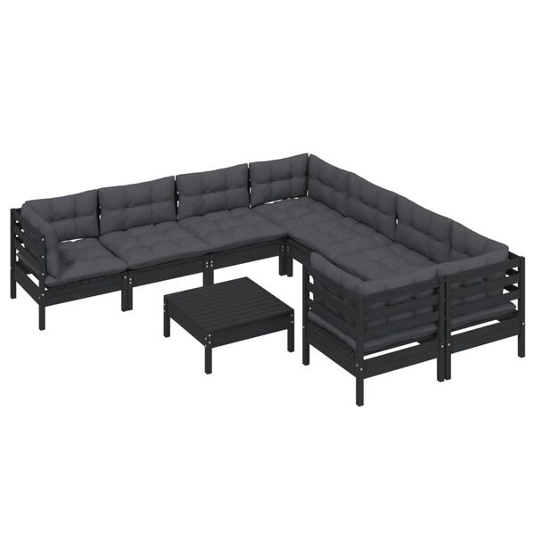 vidaXL Set mobilier grădină cu perne, 9 piese, negru, lemn de pin