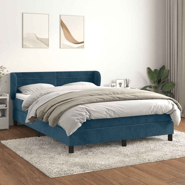 vidaXL Pat box spring cu saltea, albastru &icirc;nchis, 140x190 cm, catifea