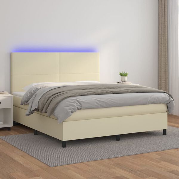 vidaXL Pat cu arcuri, saltea și LED, crem, 180x200 cm, piele ecologică