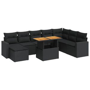 vidaXL Set mobilier de grădină cu perne, 9 piese, negru, poliratan