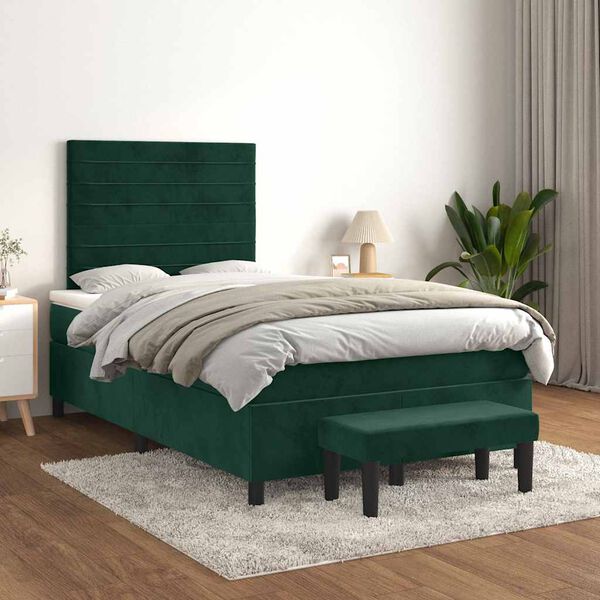 vidaXL Pat box spring cu saltea, verde &icirc;nchis, 120x190 cm, catifea
