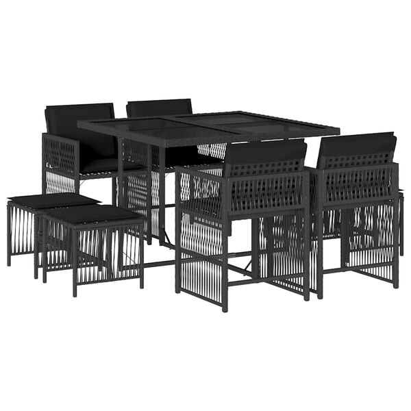 vidaXL Set mobilier de grădină cu perne, 9 piese, negru, poliratan