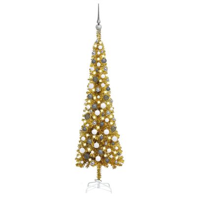 vidaXL Brad de Crăciun pre-iluminat slim, set globuri, auriu, 150 cm