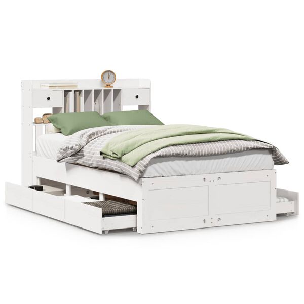 vidaXL Pat cu bibliotecă fără saltea, alb, 135x190 cm, lemn masiv pin