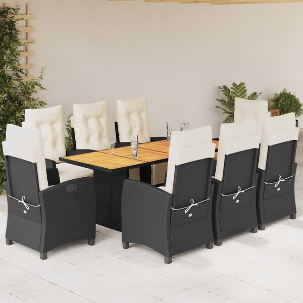 vidaXL Set mobilier de grădină cu perne, 9 piese, negru, poliratan