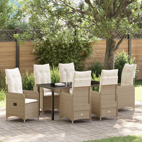 vidaXL Set de masă pentru grădină cu pernă 7 pcs Bej Rattan poli