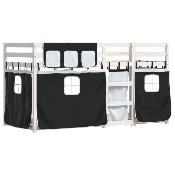 vidaXL Pat supraetajat de copii perdele, alb/negru, 90x190 cm lemn pin