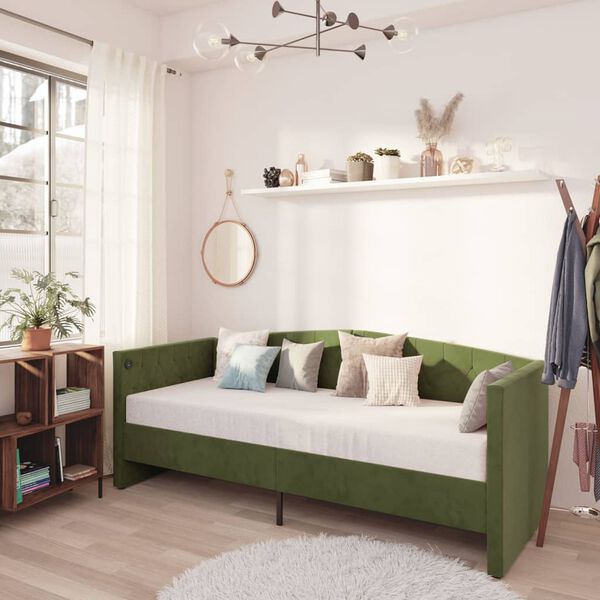 vidaXL Pat de zi, verde &icirc;nchis, 90x200 cm, catifea, USB