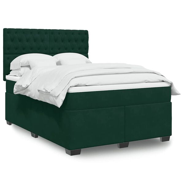 vidaXL Pat box spring cu saltea, verde &icirc;nchis, 140x200 cm, catifea