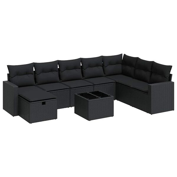 vidaXL Set mobilier de grădină cu perne, 9 piese, negru, poliratan
