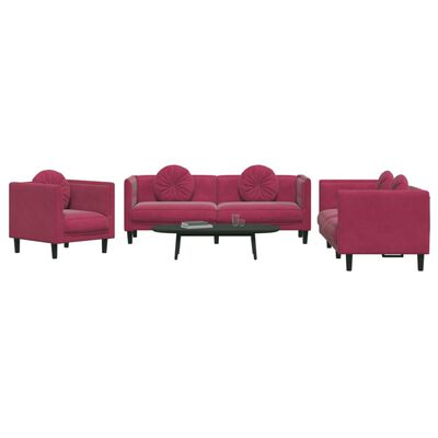 vidaXL Set canapele cu perne, 3 piese, roșu vin, catifea