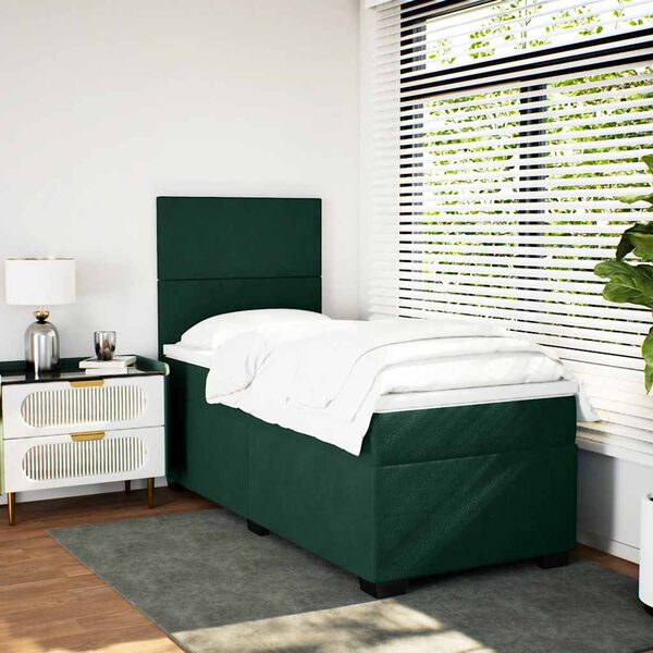vidaXL Pat box spring cu saltea, verde &icirc;nchis, 90x190 cm, catifea