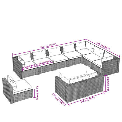vidaXL Set mobilier de grădină cu perne, 10 piese, gri, poliratan