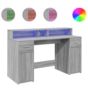 vidaXL Birou cu lumini LED, gri sonoma, 140x55x91 cm, lemn prelucrat