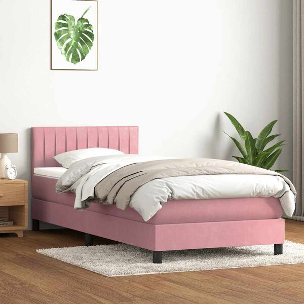 vidaXL Pat box spring cu saltea, roz, 80x210 cm, catifea