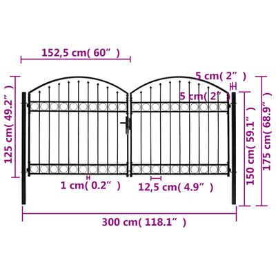 vidaXL Poartă de gard dublă cu vârf în arcadă, negru, 300x125 cm, oțel
